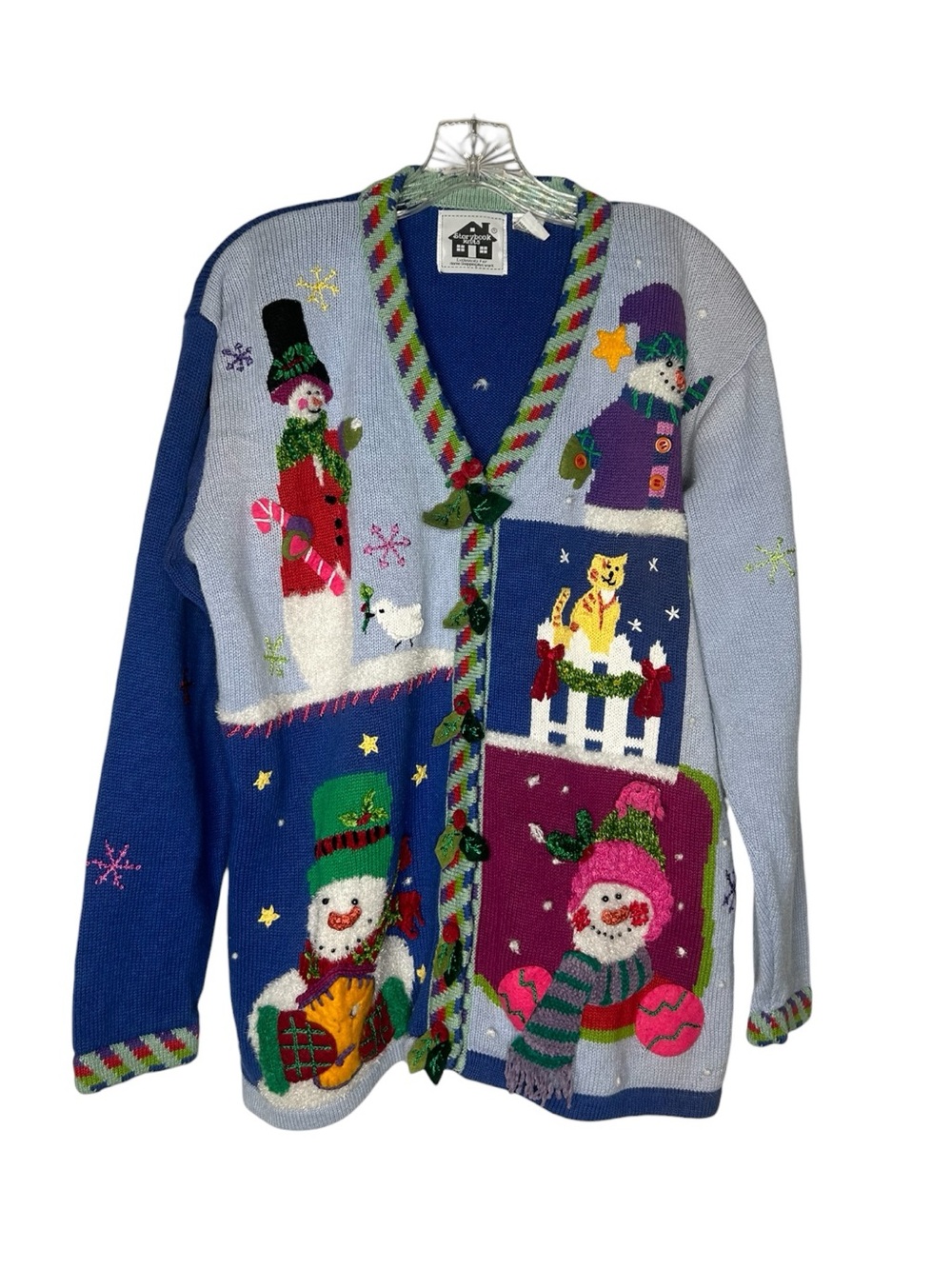 Vintage Storybook Knits Christmas Cardigan Sweater Size Large Snowman Cat